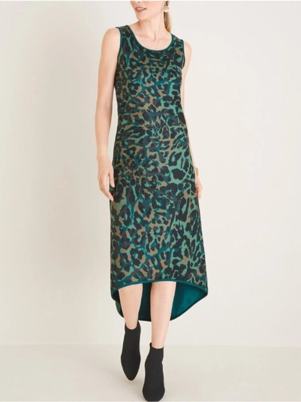 Chico's Size 2 Ponte Scuba Knit Dress Womens L Animal Print High Low Career EUC